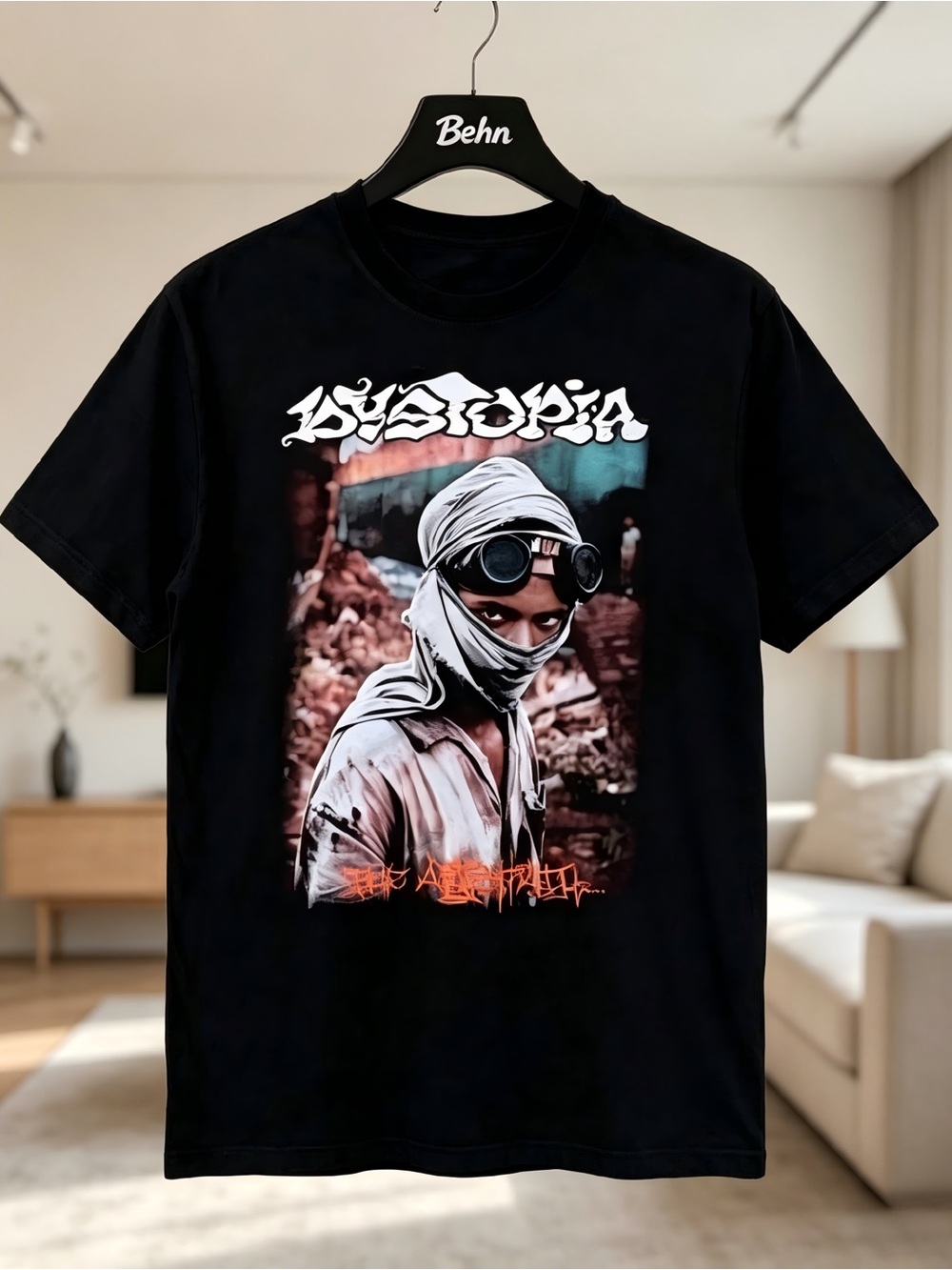 Dystopia Post-Apocalyptic Portrait Graffiti Style Black T-shirt Unisex
